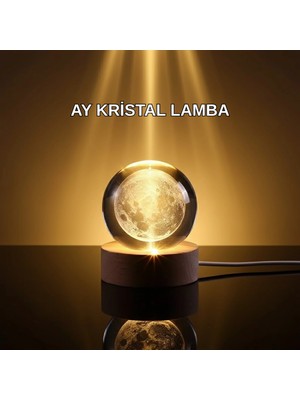 Marsilyan 3D Lazer Işlemeli Ay Küresi Ahşap Standlı USB Bağlantılı Dekoratif Lamba