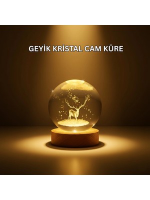 Marsilyan USB Bağlantılı Geyik Temalı Kristal Küre Premium Masa Gece Lambası