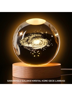 Marsilyan 3D Samanyolu Galaksi Kristal Küre USB LED Işıklı Ahşap Standlı Gece Lambası