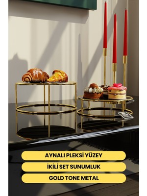Özbience Gold Aynalı Sunum Tepsisi Çiftli Set, Dekoratif ve Şık 24CM ve 20CM