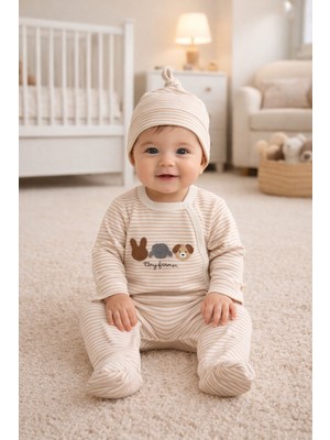 Bebek Çizgili Şapkalı Tulum %100 Pamuk Uzun Kollu Yenidoğan Bebek Tulum Seti