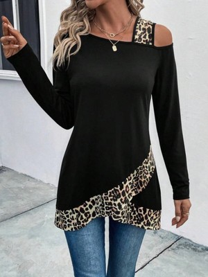 Marsilyan- Kadın Tek O Uzdan Açık Askılı Uzun Kollu Leopar Detaylı Viskon Bluz