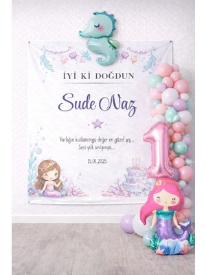 Bkmc Party Isme Özel Deniz Kızı & Deniz Atı Temalı Premium Doğum Günü Parti Seti Süsü Branda Dahil