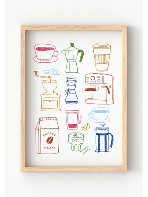 Coffee Icons | Çerçeveli Modern Minimal Coffee Mutfak Duvar Dekorasyonu Poster Tablo