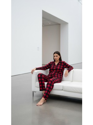Pijama Takımı Süet 5 Düğmeli Kırmızı Ekoseli
