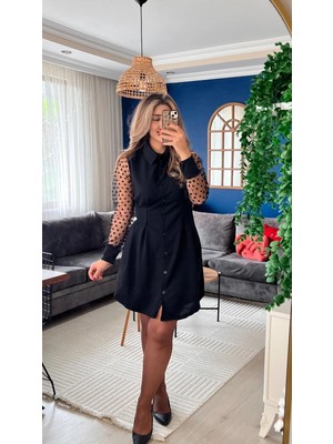 Marsilyan- Kadın Uzun Kollu Yakalı Düğmeli Mini Ithal Krep Elbise