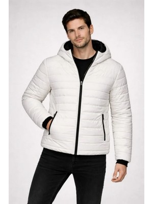 Marsilyan- Erkek Şişme Kapüşonlu Fermuarlı Mont Su Itici Kapitone Astarlı Kumaş Cepli Kışlık Rahat Kalıp - Krem