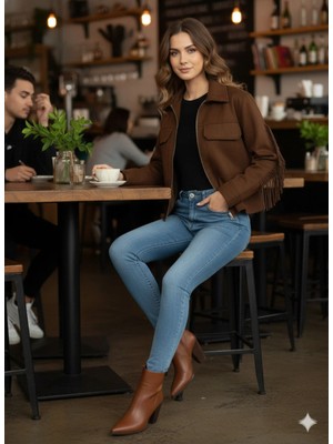 Noxs Lazer Püsküllü Süet Kadın Ceket