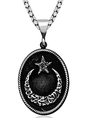 Bazarhane Gümüş Kelime-I Tevhid Yazılı Ay Yıldız Kolye