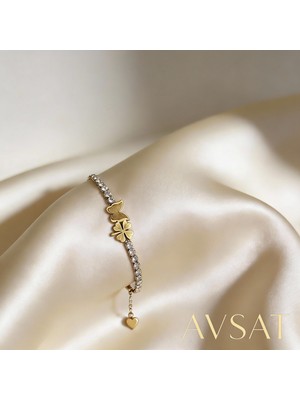 Melike Steel Zirkon Taşlı Çelik Kelebek ve Yoncalı Altın Rengi Bileklik