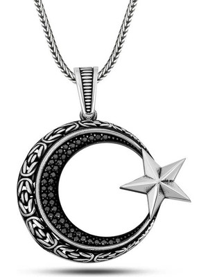Bazarhane Gümüş Zirkon Taşlı Motifli Ay Yıldız Erkek Kolye