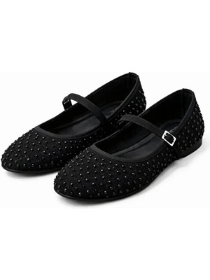 Moda Ayra Sierra Kadın Taş Dokulu Mary Jane Günlük Şık Konforlu Rahat Taban Babet Ayakkabı