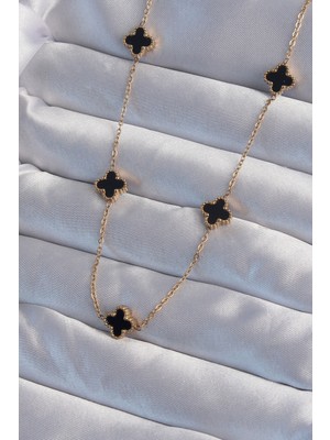 Skygo 316L Çelik Gold Renk Minimal Siyah Mineli Yonca Kolye - TJ-BKO9004