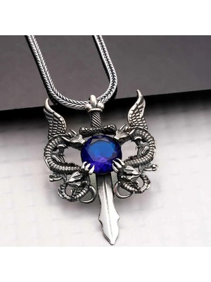 Bazarhane Gümüş Mavi Taşlı Ejderha Erkek Kılıç Kolye