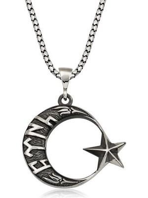 Bazarhane Gümüş Göktürkçe Türk Yazılı Ay Yıldız Erkek Kolye