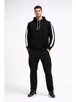 Giyim Center Erkek Şeritli Kapüşonlu Sweatshirt Oversize 3 Iplik Pamuklu - Siyah