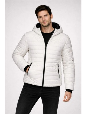 Giyim Center Erkek Şişme Kapüşonlu Fermuarlı Mont Su Itici Kapitone Astarlı Kumaş Cepli Kışlık Rahat Kalıp - Krem