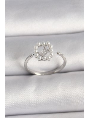 Skygo Pirinç Gümüş Renk Zirkon Taş Detaylı Incili Ayarlanabilir Yüzük - TJ-BYK3542