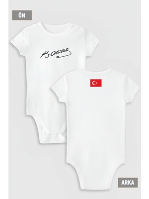 Overoz Atatürk Imza Ön ve Türk Bayrağı Sırt Baskılı Çıtçıtlı Kısa Kollu Bebek Body Zıbın 5110-5931