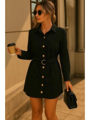 Marsilyan- Kadın Uzun Kollu Yakalı Önden Düğmeli Beli Kuşaklı Mini Ithal Keten Elbise