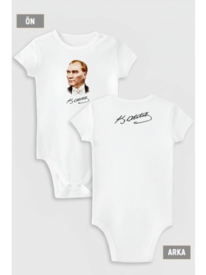 Overoz Atatürk Ön ve Atatürk Imza Sırt Baskılı Çıtçıtlı Kısa Kollu Bebek Body Zıbın 5110-5111