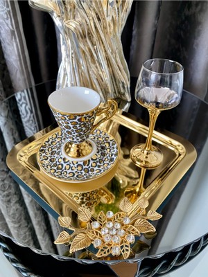 Özbience 6'lı Gold Sunum Tepsisi, Kristalize Taşlı, Kahve ve Çay Servisi Için