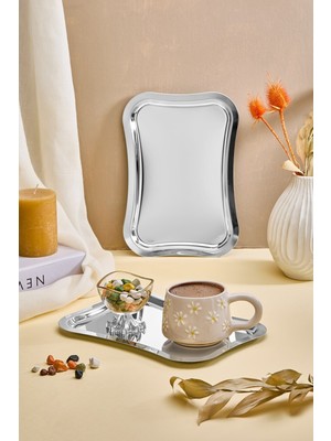 Özbience Dikdörtgen Paslanmaz Çelik 6’lı Kahve ve Çay Sunum Servisi Seti