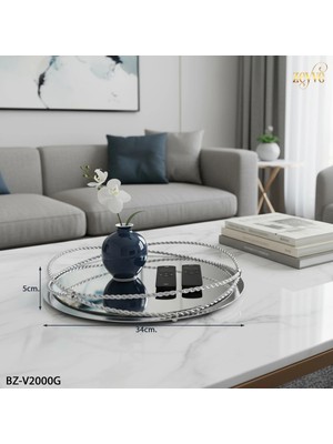 Özbience Şık Aynalı Yuvarlak Dekoratif Tepsi 34X34X5CM