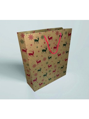 Karton Çanta 35X42X12 cm 10 Adet Geyik Desenli Kraft Kağıt 2 Renk Baskılı