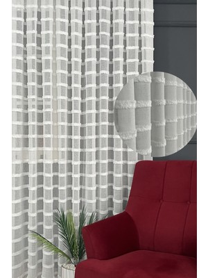 Serin Home Collection Sıralı Püsküllü Tül Perde 1/3 Sık Pileli, Ütü Istemez Kırışma Yapmaz