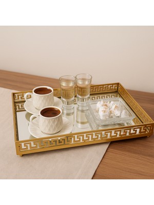 Özbience Kadife Kaplama Gold Aynalı Büyük Dekoratif Tepsi 27X40