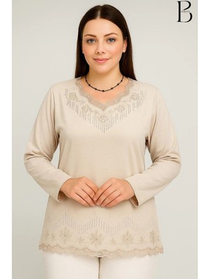 BURSPA Rahat Kesim V Yaka Etek Ucu Tül ve Inci Işlemeli Krem Anne Penye Bluz