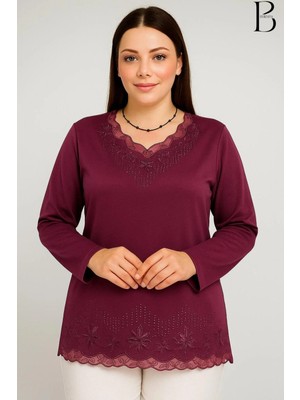 BURSPA Rahat Kesim V Yaka Etek Ucu Tül Inci Işlemeli Mürdüm Anne Penye Bluz