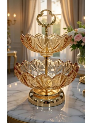 Decorland Glass Kurabiyelik Gold Şık Cam Şekerlik İki  Katlı Sunumluk İkramlık