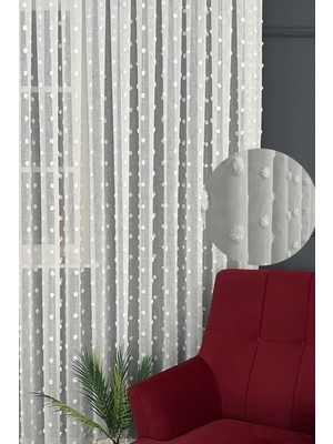 Serin Home Collection Kalın Puantiye Desenli Tül Perde 1/3 Sık Pileli, Ütü Istemez Kırışma Yapmaz