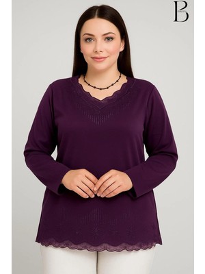 BURSPA Rahat Kesim V Yaka Etek Ucu Tül Inci Işlemeli Mor Anne Penye Bluz