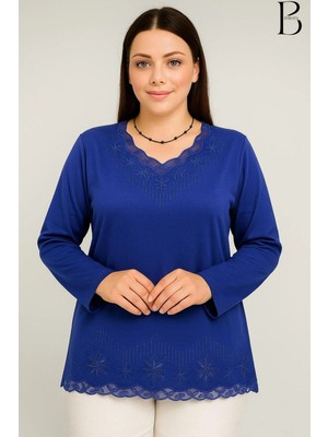 BURSPA Rahat Kesim V Yaka Etek Ucu Tül Inci Işlemeli Mavi Anne Penye Bluz
