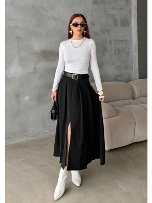 Bejna Kadın Pileli Maxi Boy Kemerli Dokuma Etek