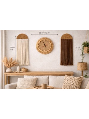 Mihriay Makrome Duvar Süsü ve Bohem Tarz Hasır Duvar Saati 3 Lü Set