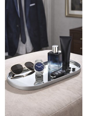 Özbience 3'lü Oval Aynalı Sunumluk Altın Gold 12X30, Kahve ve Çay Tepsisi Seti