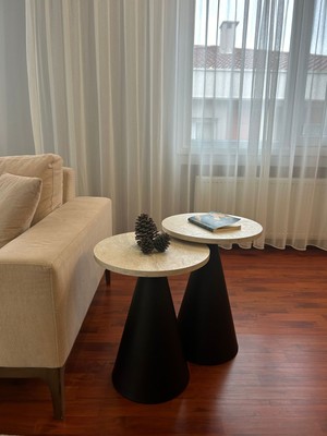 Desping Bottle 2'li Mantar Bohem Modern Sehpa Traverten Suntalam Tabla Alüminyum Gövde