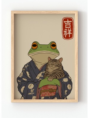 Miovi Works Samurai Frog | Çerçeveli Modern Minimal Kedi & Kurbağa Duvar Dekorasyonu Poster Tablo