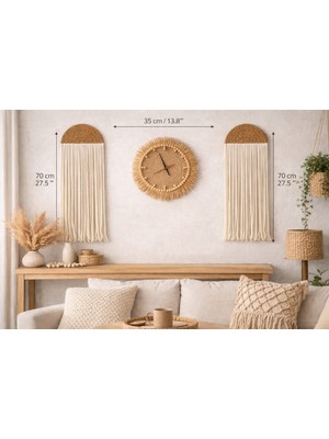 Mihriay Makrome Duvar Süsü ve Bohem Tarz Hasır Duvar Saati 3 Lü Set