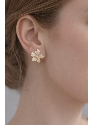 Mineli Gold Krem Çiçek Küpe