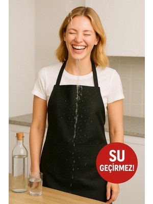 Özbience Siyah Spunbond Kalın Kumaş Su Geçirmez Cepli Mutfak Aşçı Önlüğü