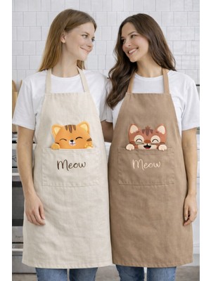 Özbience Krem Taba Kedi Baskılı Cepli 2'li Mutfak Önlüğü Seti
