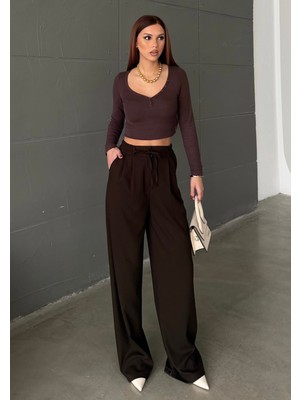 Bejna Kadın Bağcıklı Rahat Kumaş Geniş Paça Pantolon