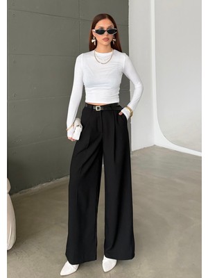 Bejna Kadın Pileli Kemerli Geniş Paça Pantolon