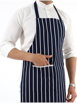 Özbience Lacivert Beyaz Çizgili, Ayarlanabilir Uniseks Mutfak Önlüğü