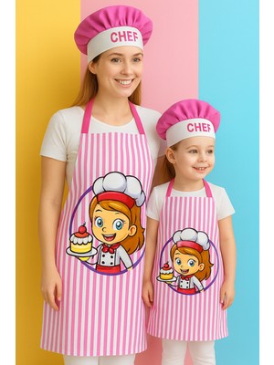 Özbience Anne ve Çocuk Için Şık Pembe Şapka ve Önlük Seti, 4 Parçalı Renkli Tasarım